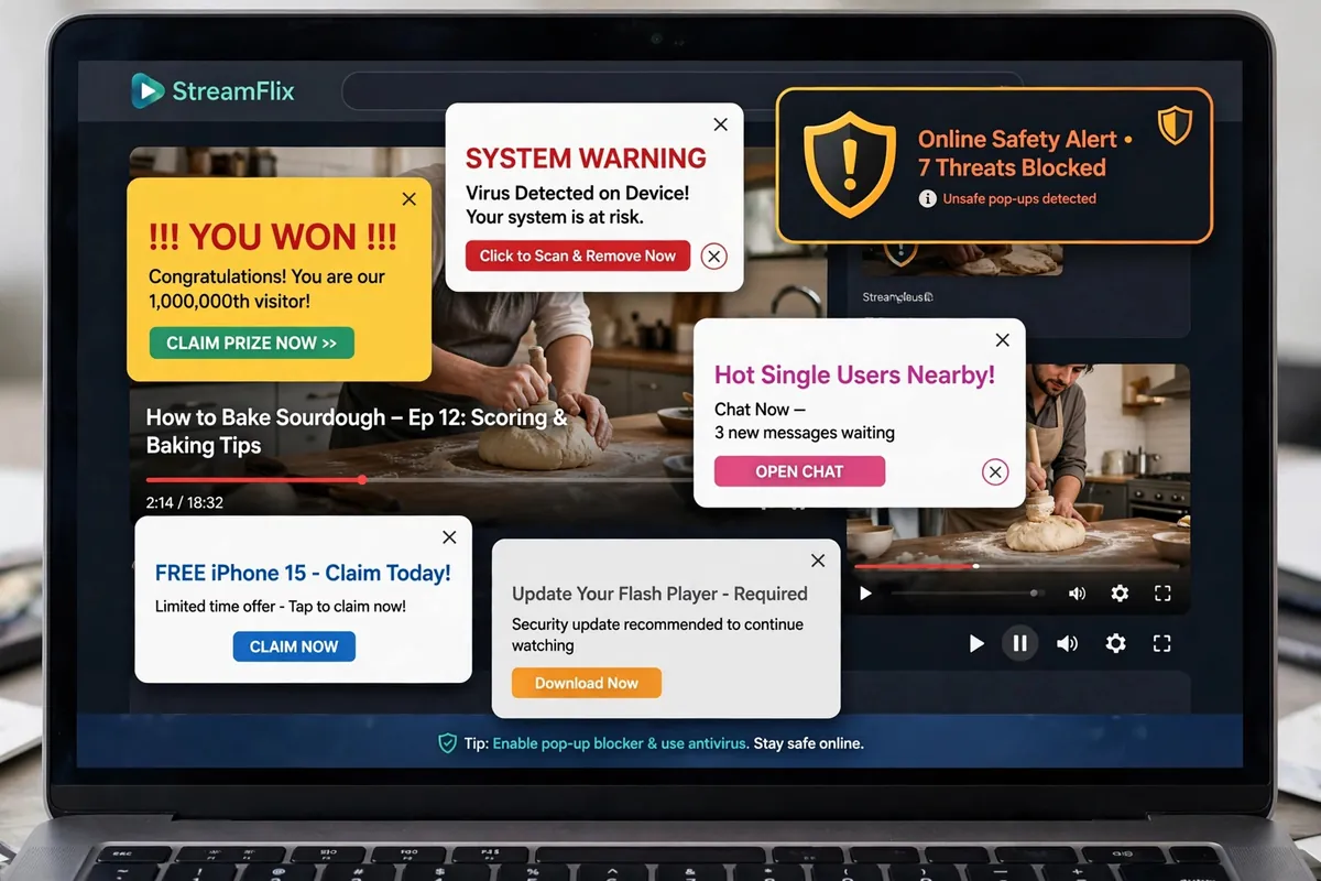 A laptop screen with pop-up ad windows opening over a video site next to a warning shield icon
