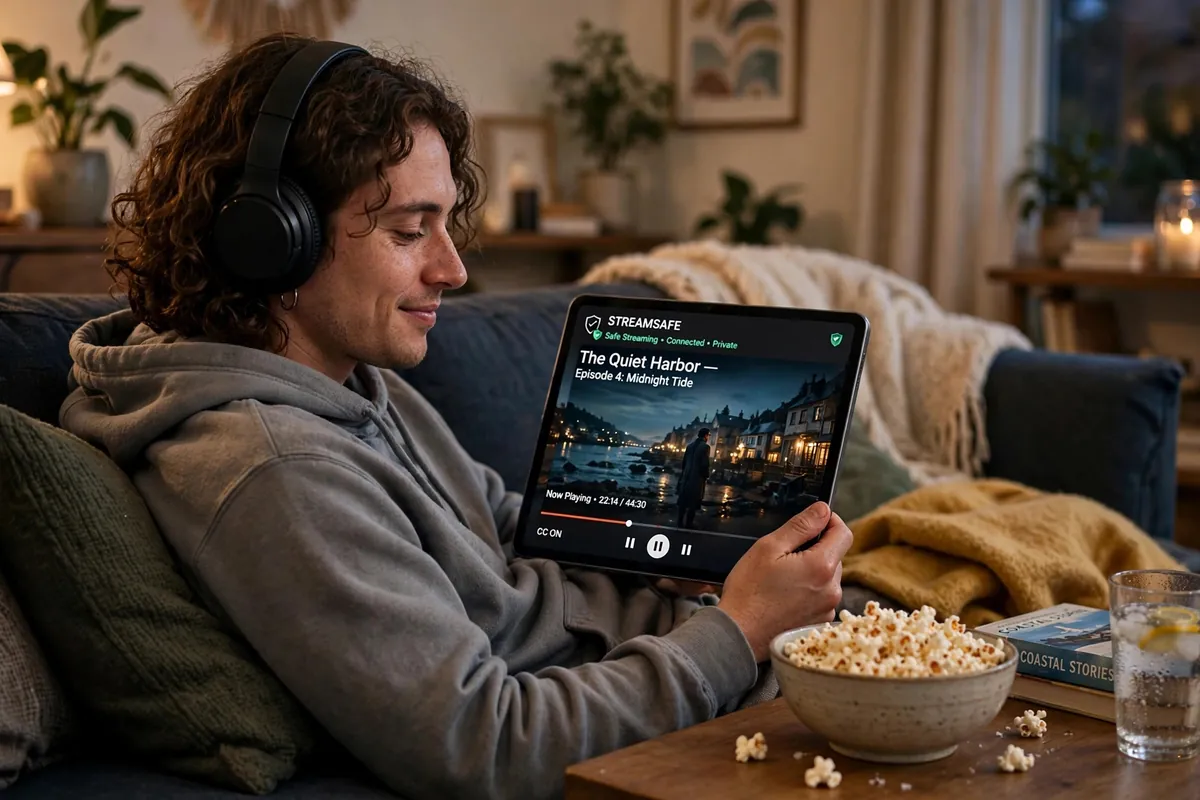 A person relaxing on a couch with headphones watching a drama on a tablet with popcorn nearby