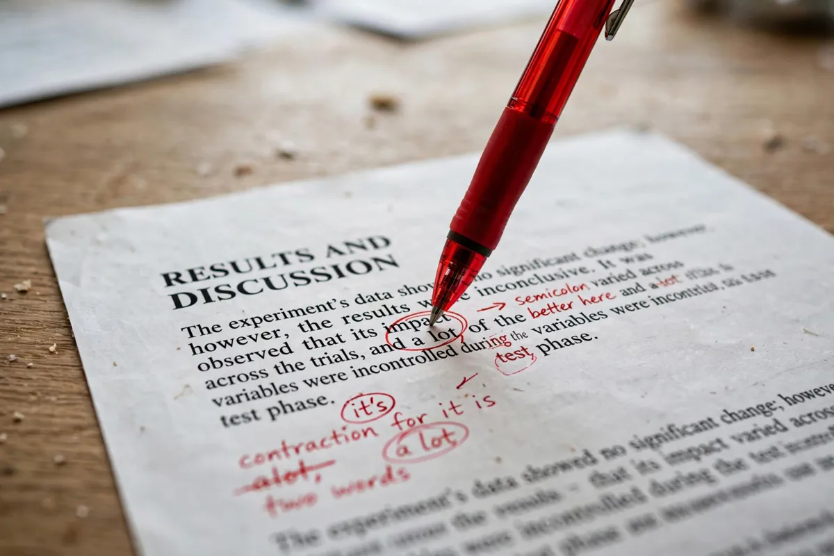 A red pen marking punctuation corrections on a printed English document.