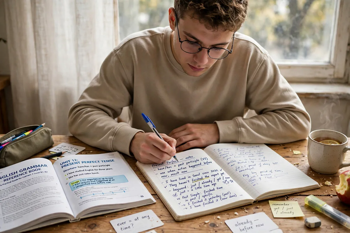 A student studying an English grammar reference book at a desk with handwritten notes.