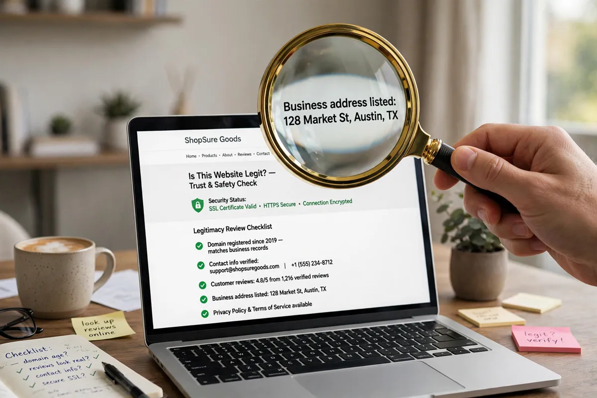 A magnifying glass over a laptop screen showing a website, symbolizing a legitimacy check.