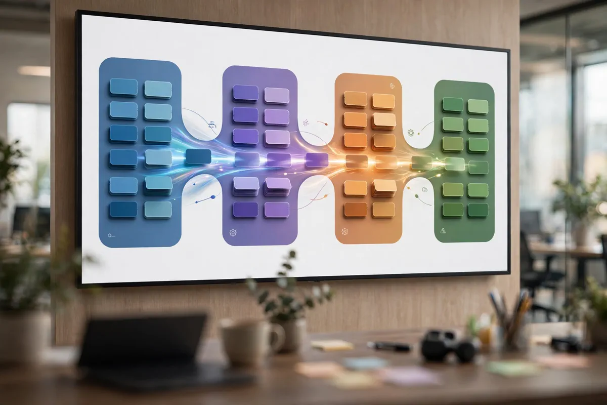 Ticket cards moving through automated workflow stages on a large kanban screen.