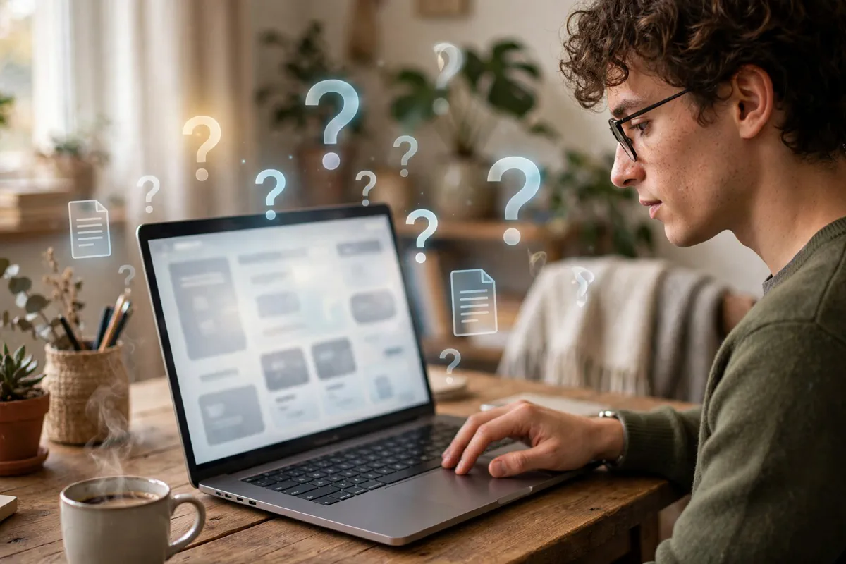 A person browsing an online help center knowledge base on a laptop.