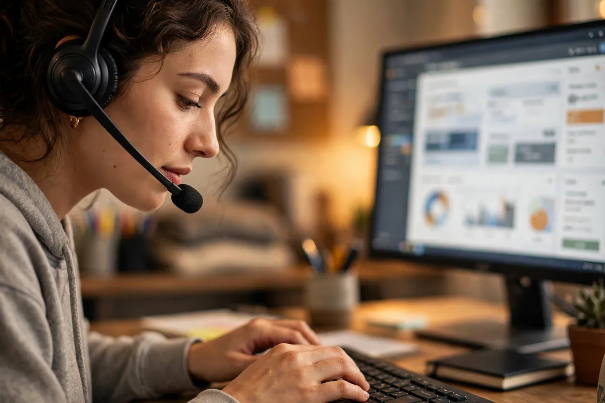 A support agent wearing a headset working at a ticketing dashboard on a monitor.