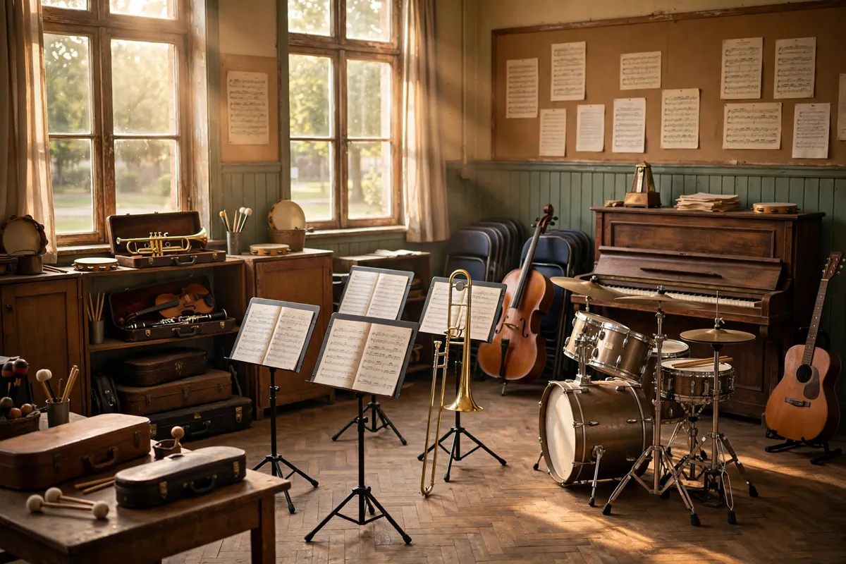 A warm high school music classroom with instruments and music stands.