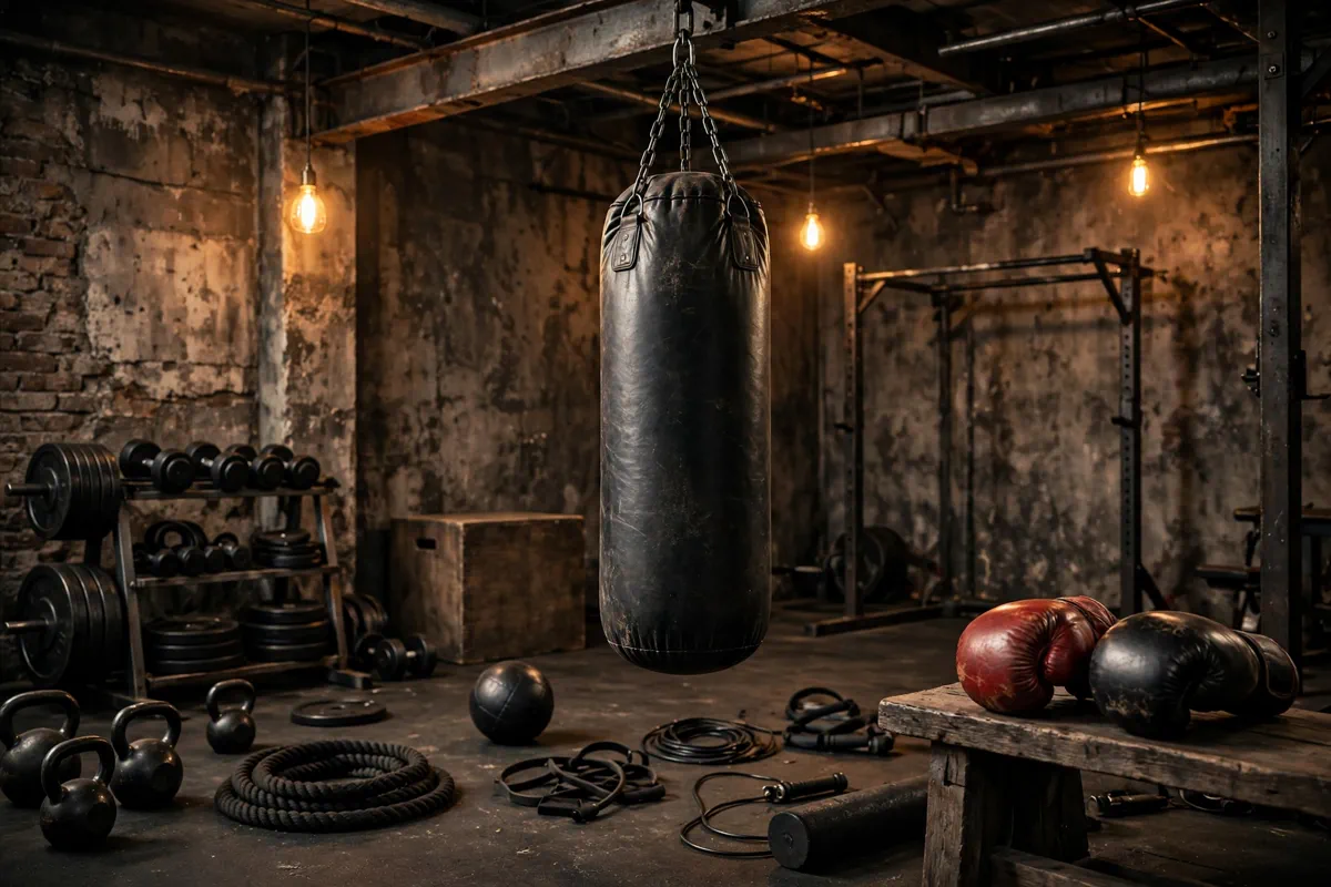 An MMA training gym with a heavy punching bag and boxing gloves.