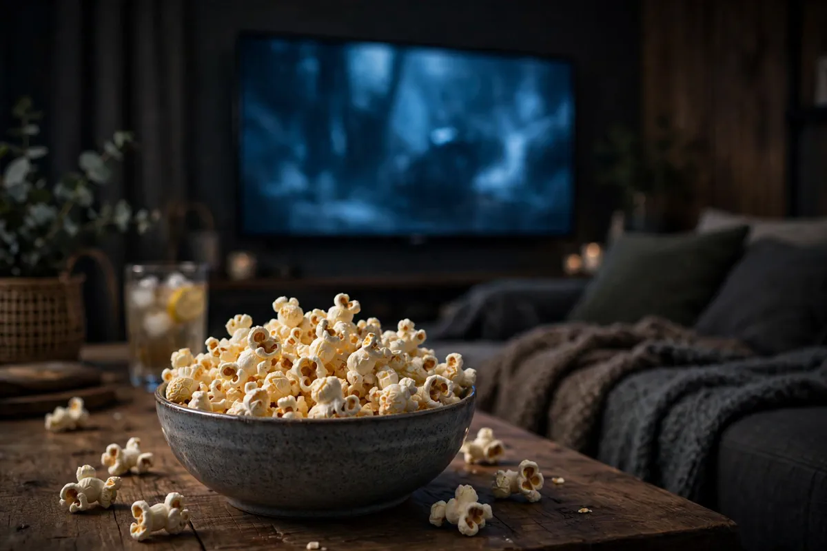 A cozy home movie night setup with a glowing TV and a bowl of popcorn.