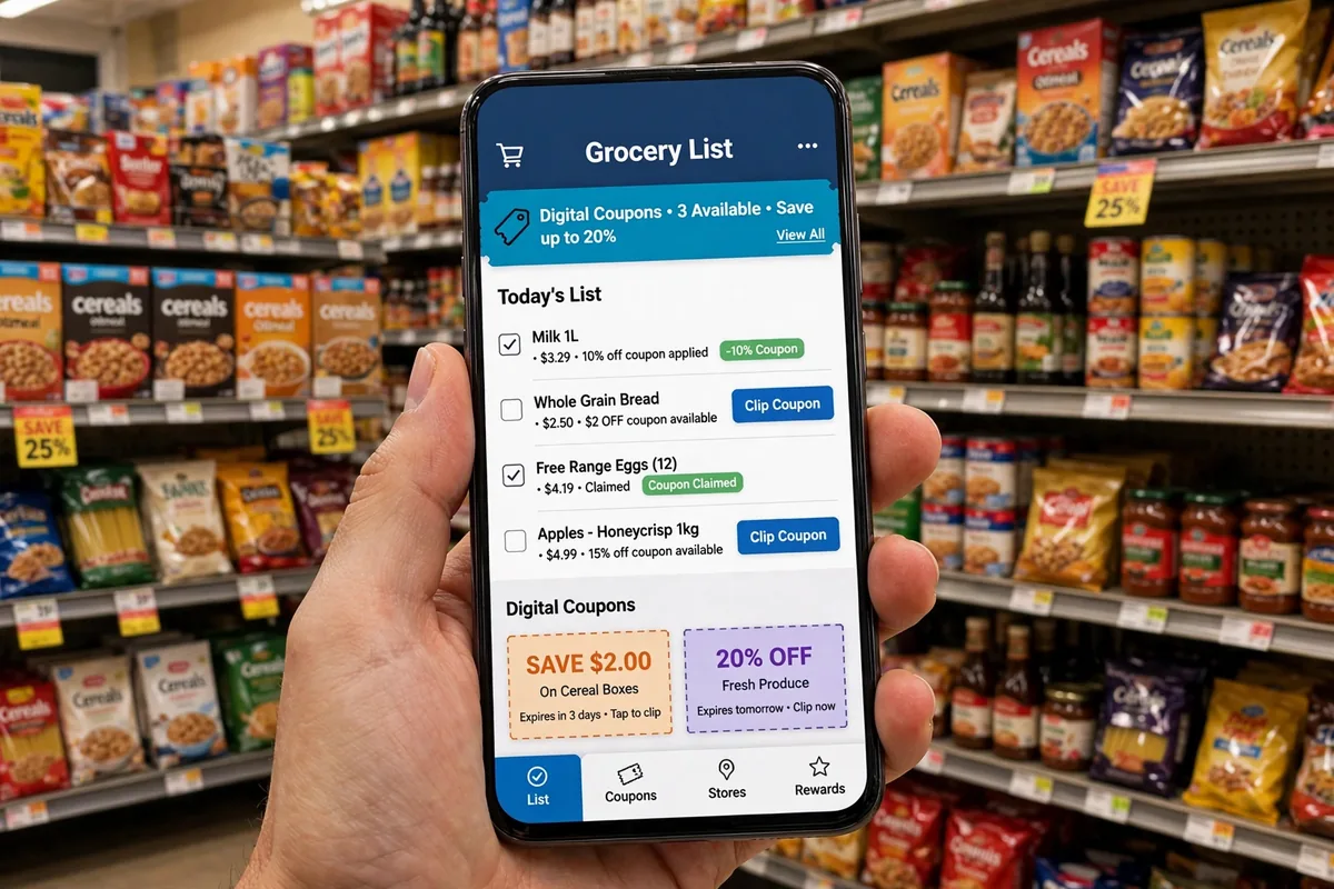A shopper holding a smartphone with a grocery app in front of supermarket shelves at Food Depot.