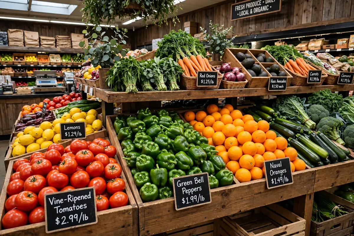 Neatly arranged fresh produce bins with colorful vegetables and fruits at a Food Depot store.