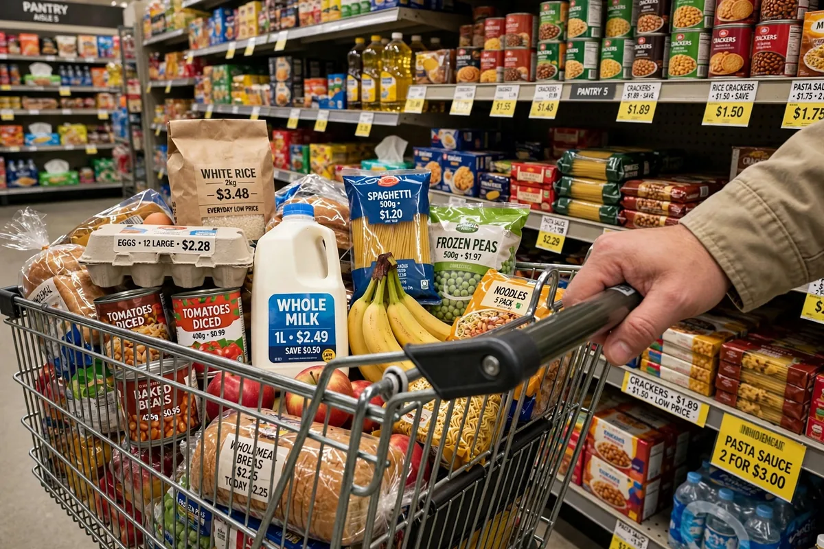 A shopping cart full of affordable groceries inside a Food Depot supermarket aisle.