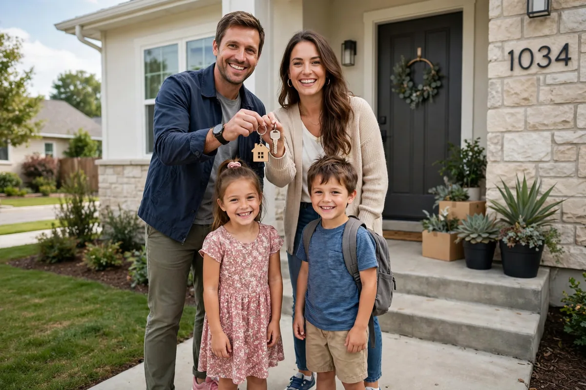 A happy young family holding house keys in front of their new home.