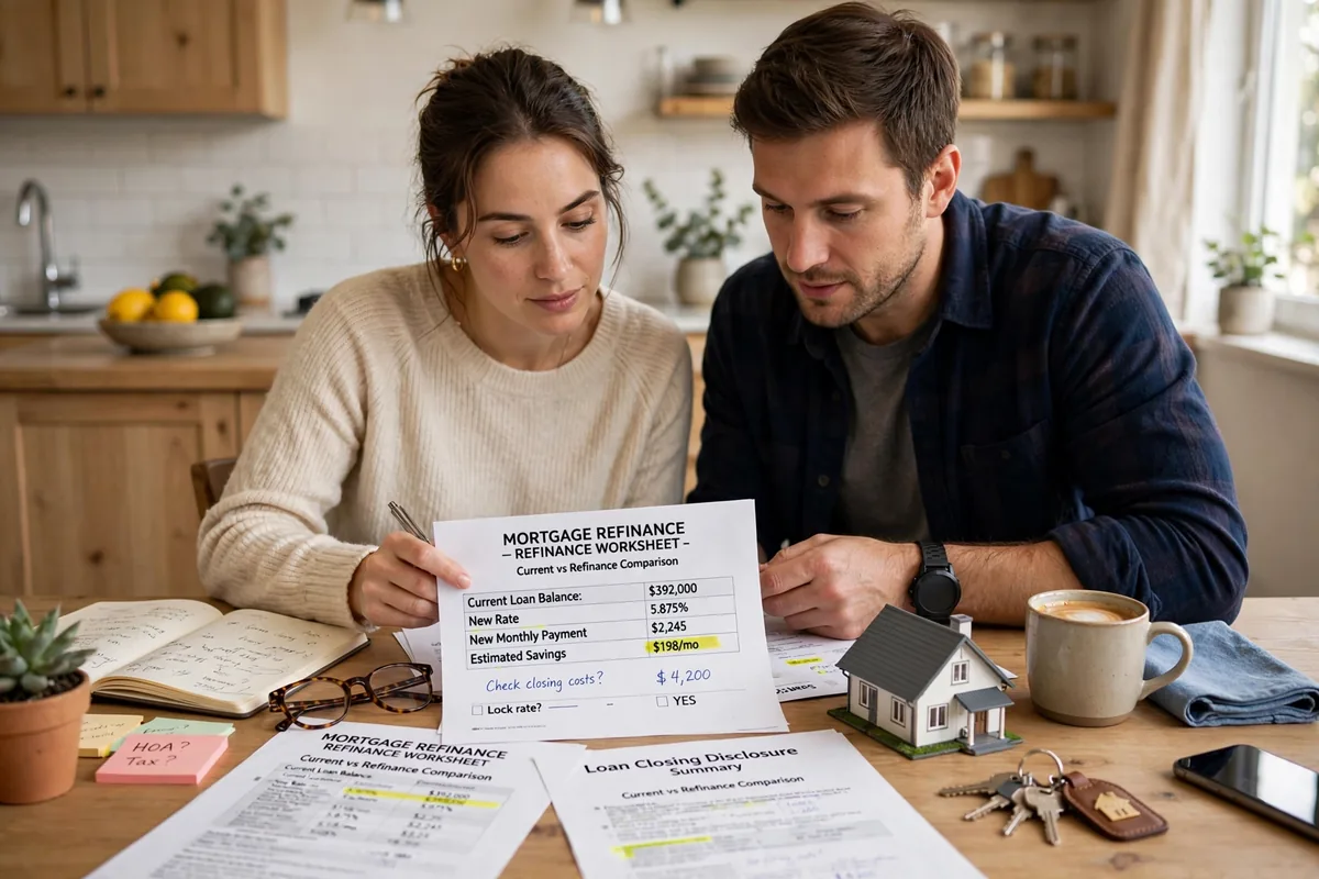 A couple reviewing mortgage refinance documents together at a kitchen table.