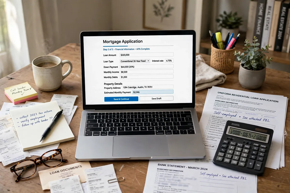A laptop showing a mortgage application form with paperwork and a calculator on a desk.