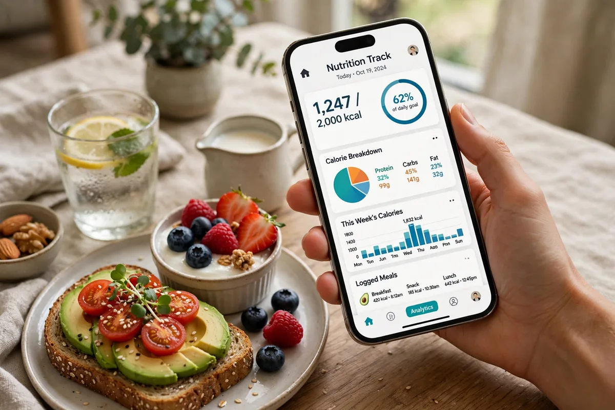 A hand holding a smartphone with a nutrition tracking app next to a healthy breakfast.