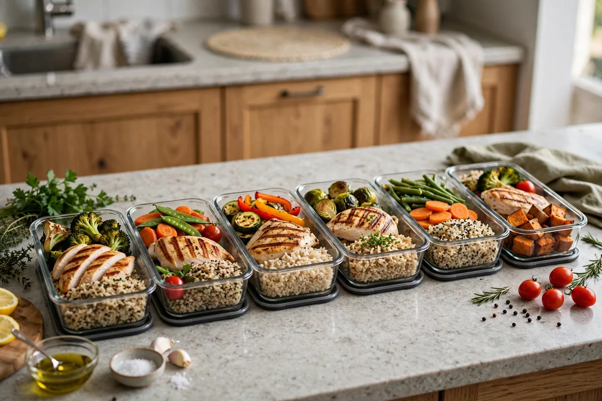 Weekly meal prep containers with portioned healthy food lined up on a kitchen counter.