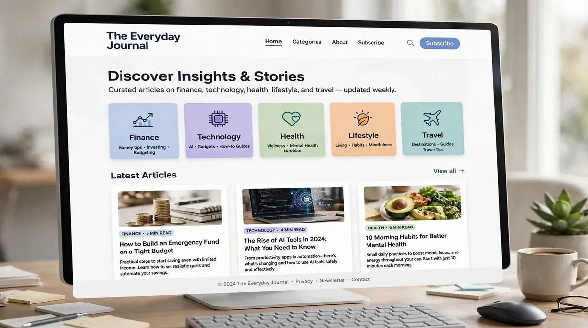A clean blog homepage layout showing category tiles for finance, technology, health, lifestyle and travel with article previews