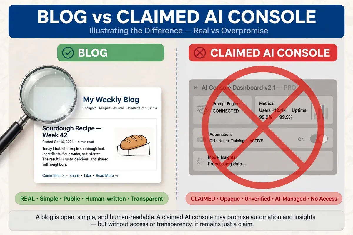 A magnifying glass over a simple blog page next to a crossed-out dashboard icon, showing the site is a blog rather than the claimed AI console