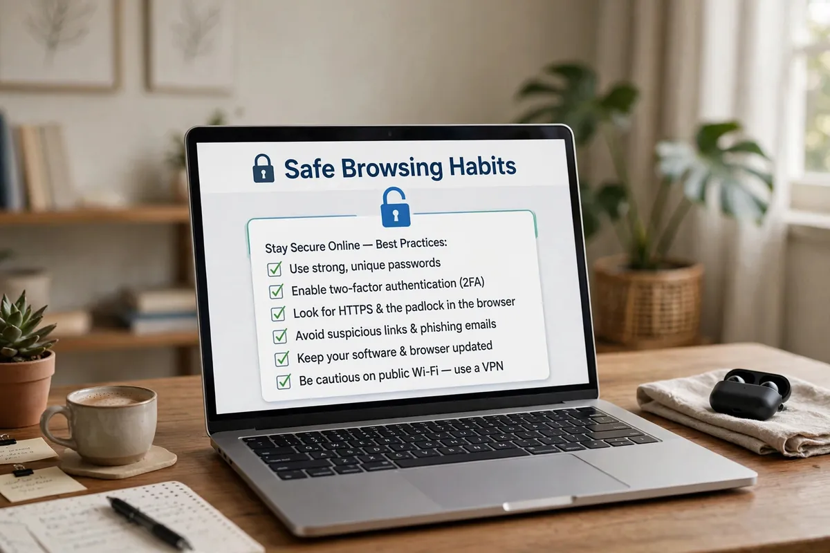 A laptop showing a padlock symbol and a checklist of safe browsing habits in a calm home office