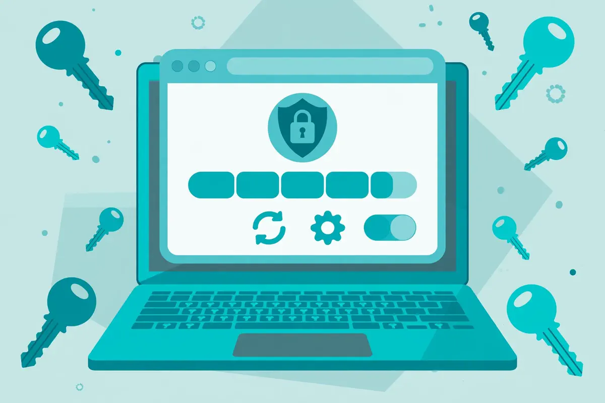 Browser window showing a password generator tool with a lock and shield symbol.