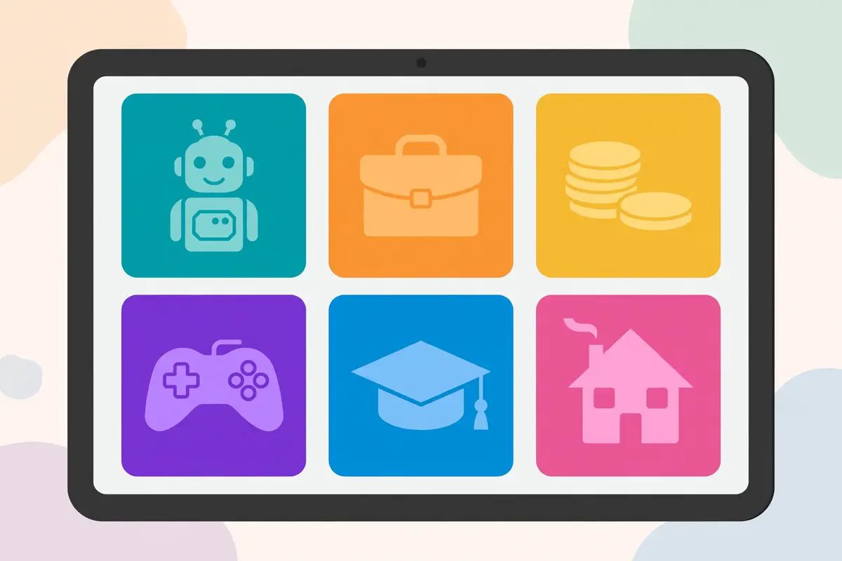 Colorful grid of category tiles with icons for AI, business, finance, gaming, education, and home living.