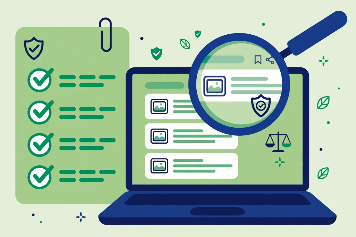 Checklist with checkmarks and a magnifying glass over a laptop showing blog articles.
