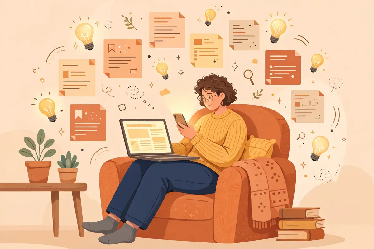 Person relaxing in an armchair reading articles on a phone and laptop surrounded by floating article cards.